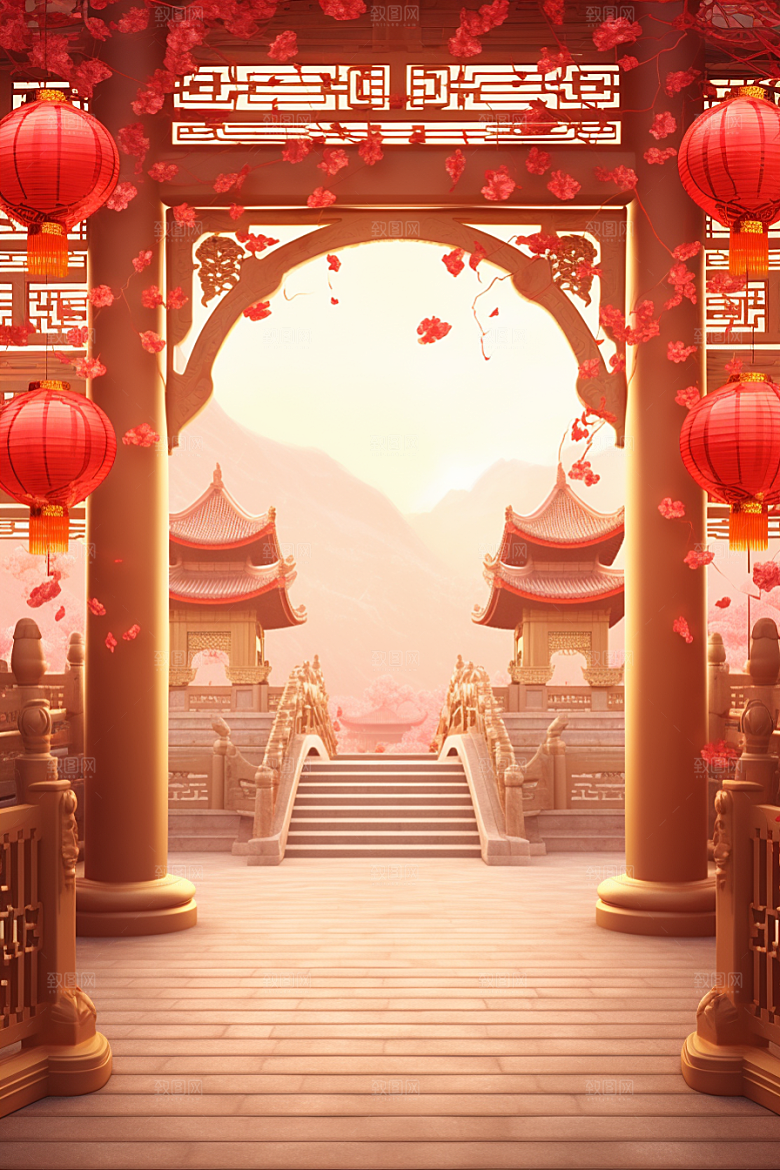 中式传统门楼火热开业大吉背景图