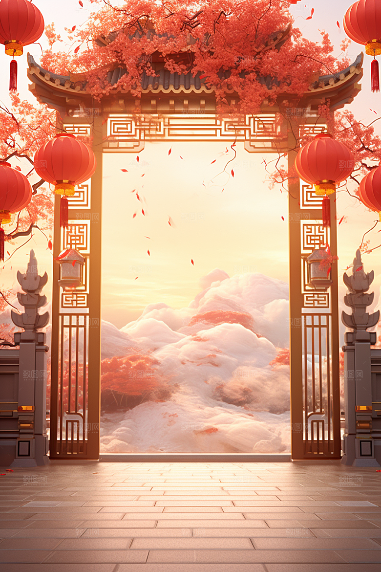 中式传统门楼开门红开业背景图