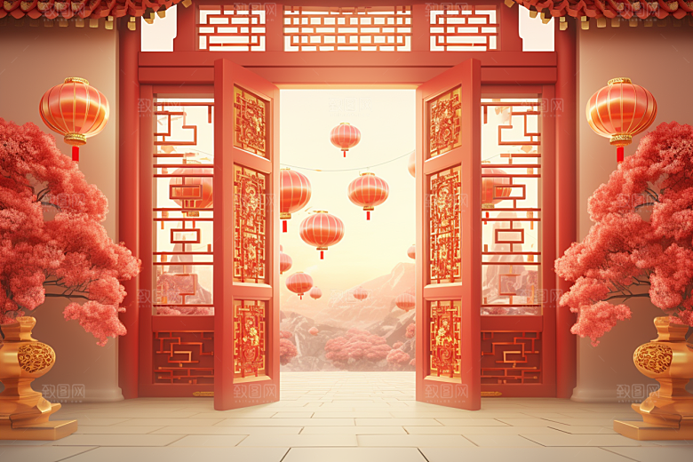 中式传统门楼火热开业大吉背景图