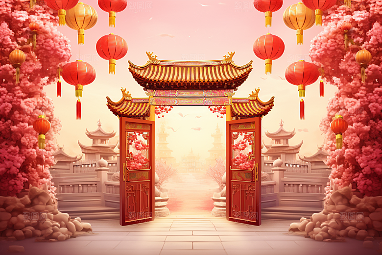 中式传统门楼促销开门红背景图