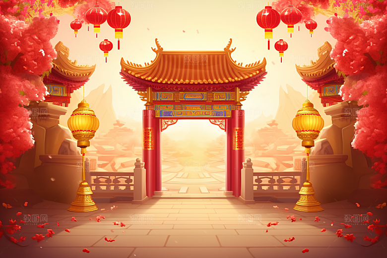 中式传统门楼开业大吉国潮背景图