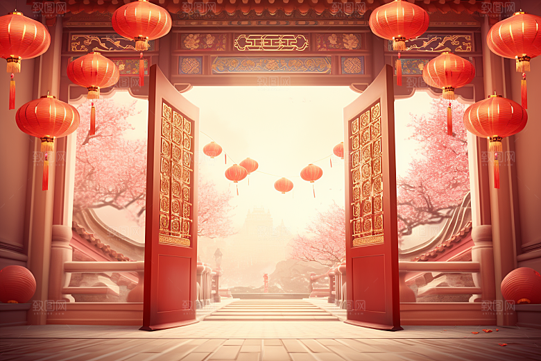 中式传统门楼火热开业背景图