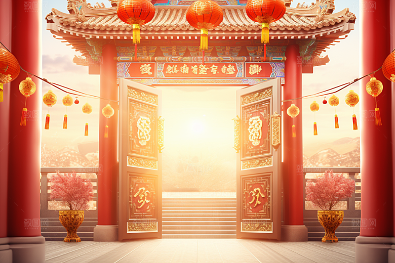 中式传统门楼喜庆火热背景图