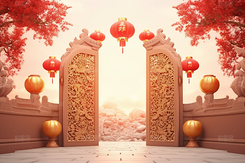 中式传统门楼开门红直播背景图