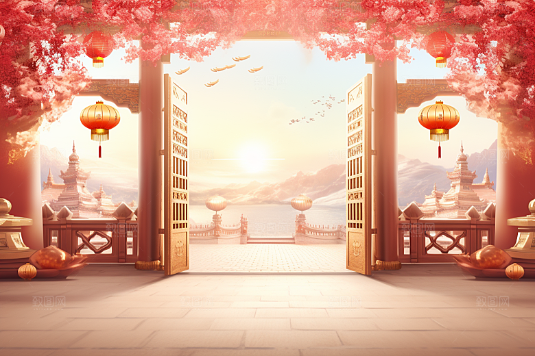 中式传统门楼直播开业背景图