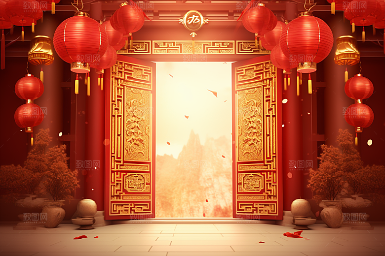 中式传统门楼国潮开业背景图