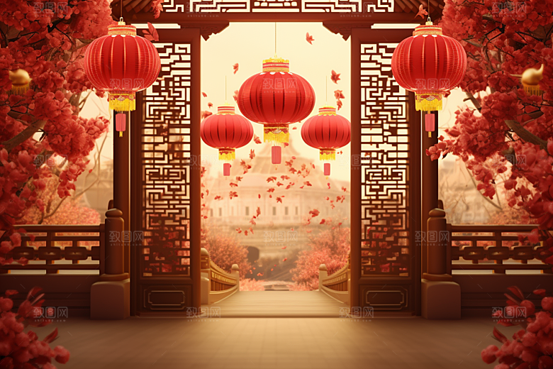 中式传统门楼中国风开门红背景图