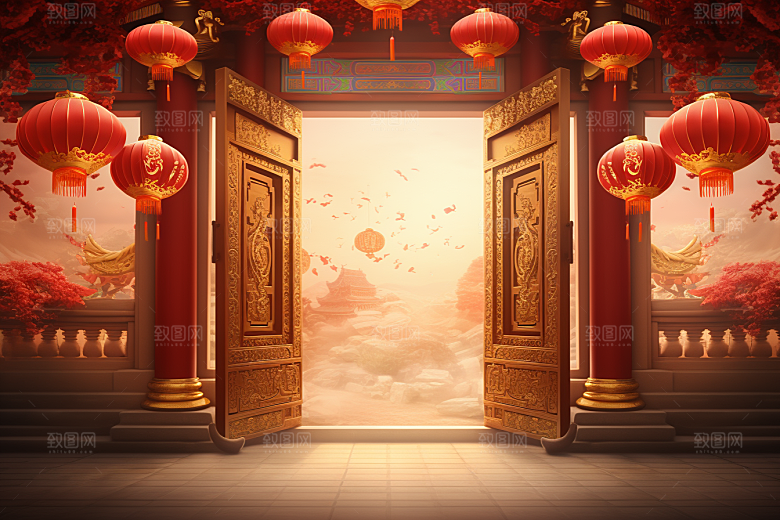 中式传统门楼促销直播背景图