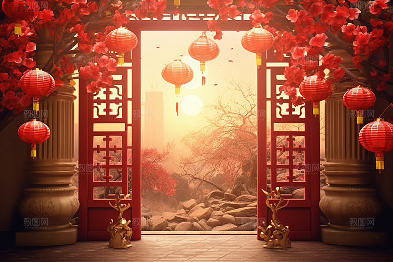 中式传统门楼国潮促销背景图