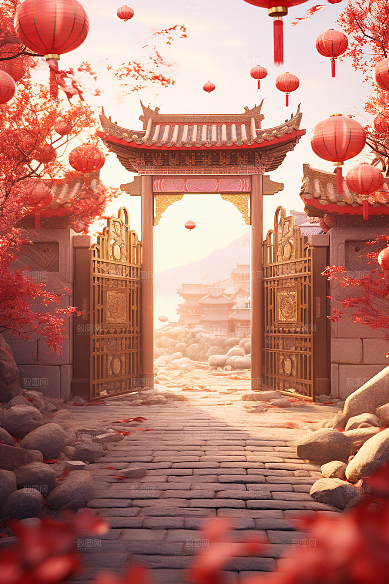 中式传统门楼直播开门红背景图
