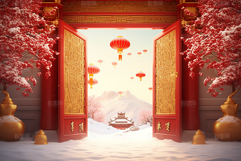 中式传统门楼促销开门红背景图