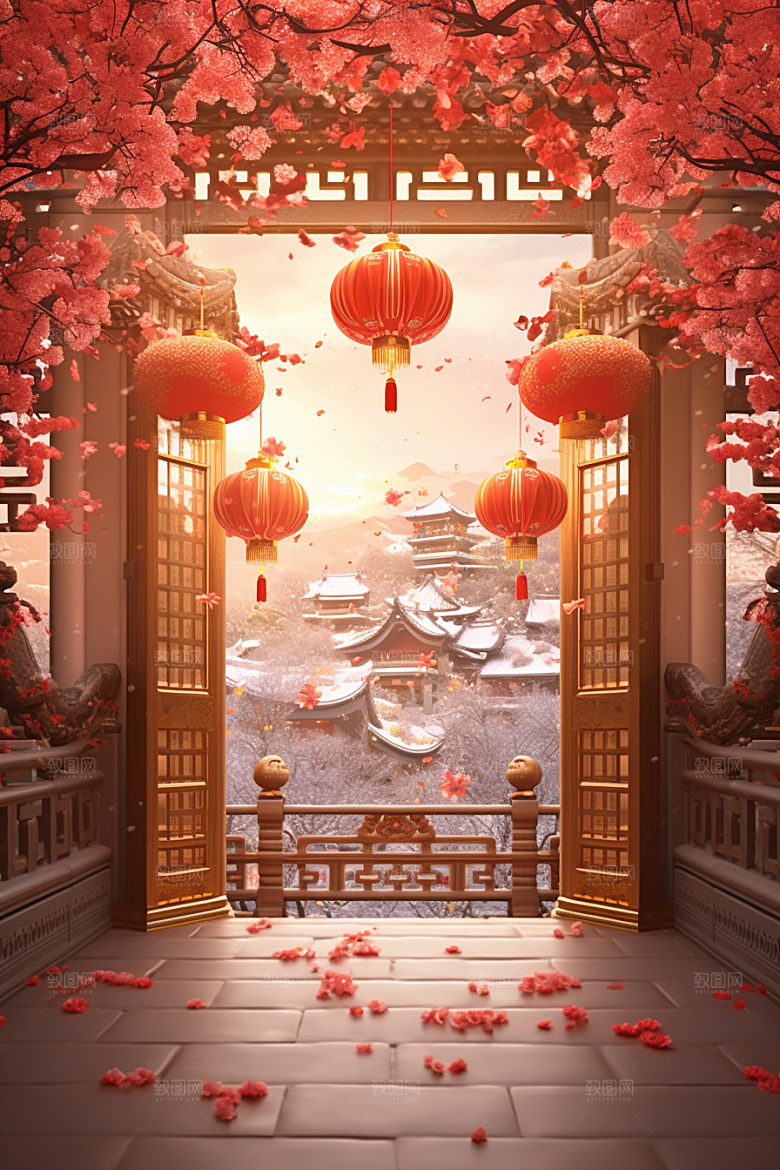 中式传统门楼开业大吉促销背景图