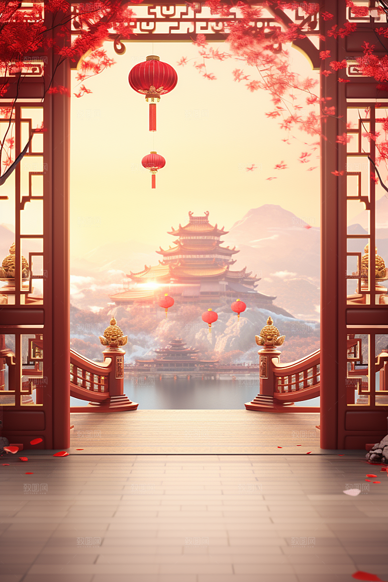 中式传统门楼火热中国风背景图