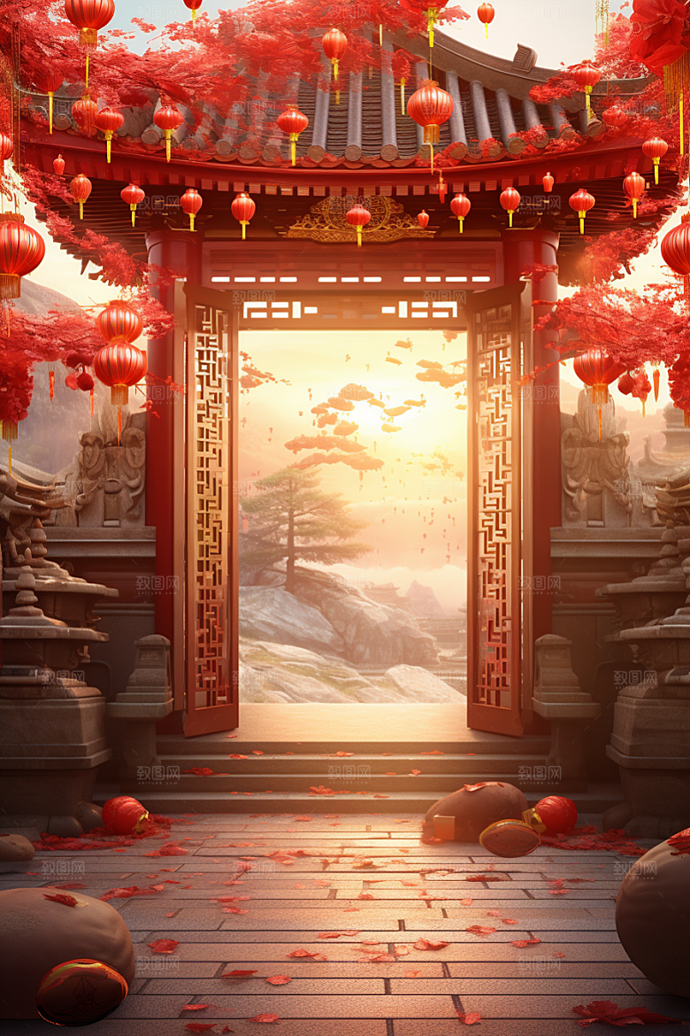 中式传统门楼开业大吉开门红背景图