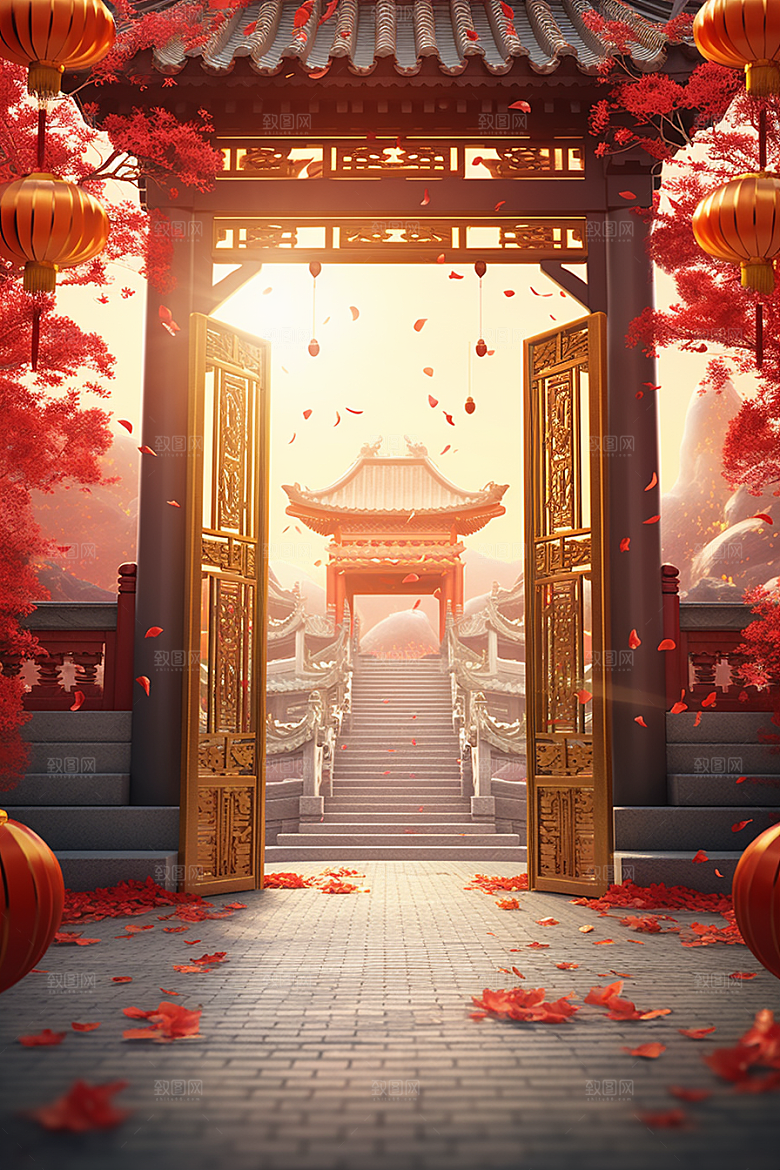 中式传统门楼开门红开业大吉背景图