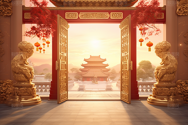 中式传统门楼国潮开门红背景图