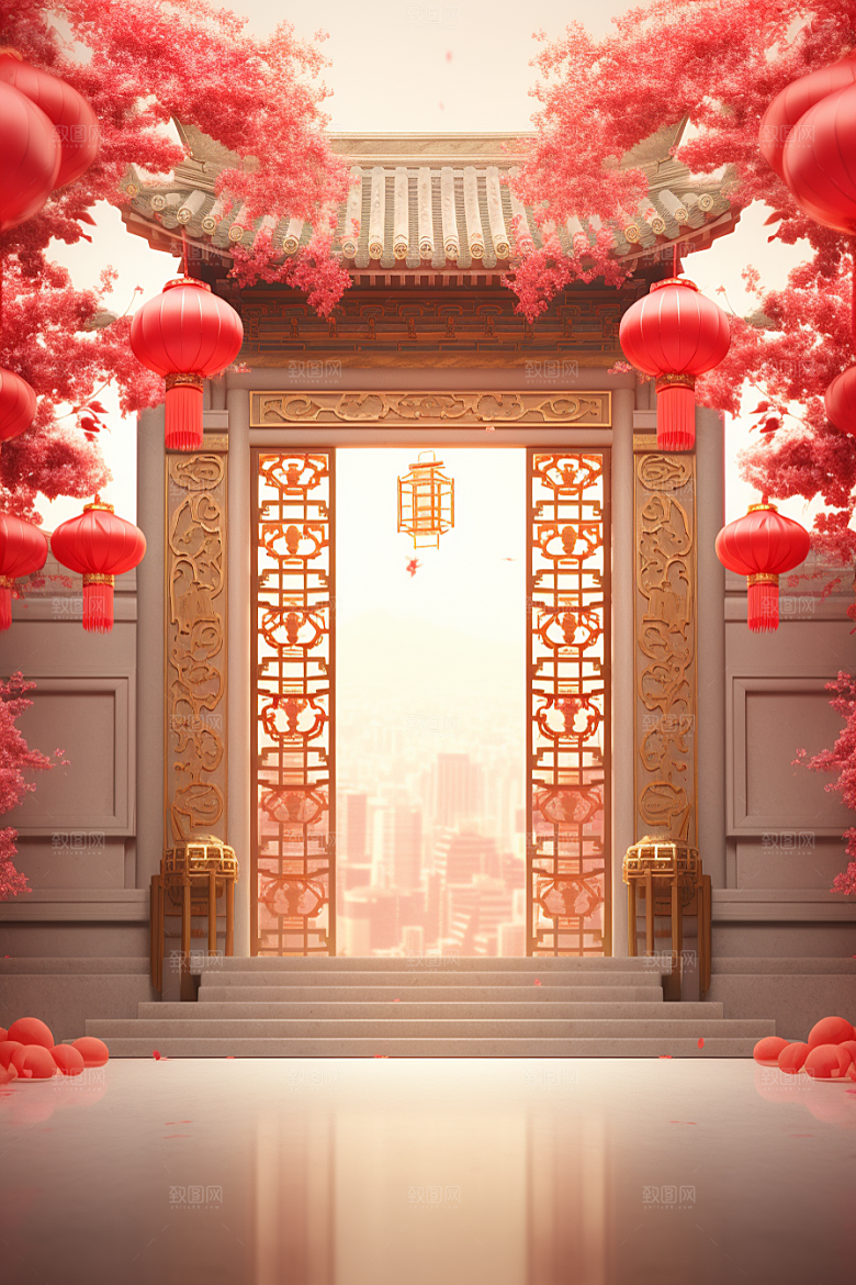中式传统门楼促销开业大吉背景图