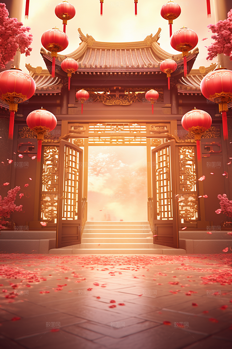 中式传统门楼开业大吉直播背景图
