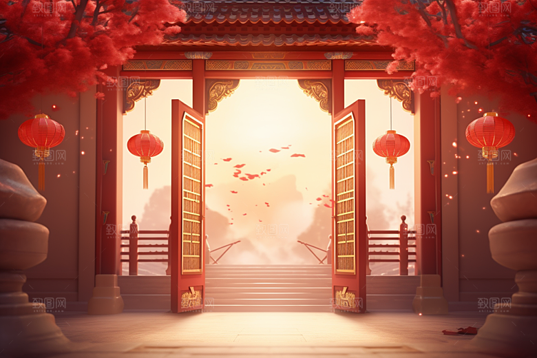 中式传统门楼中国风喜庆背景图