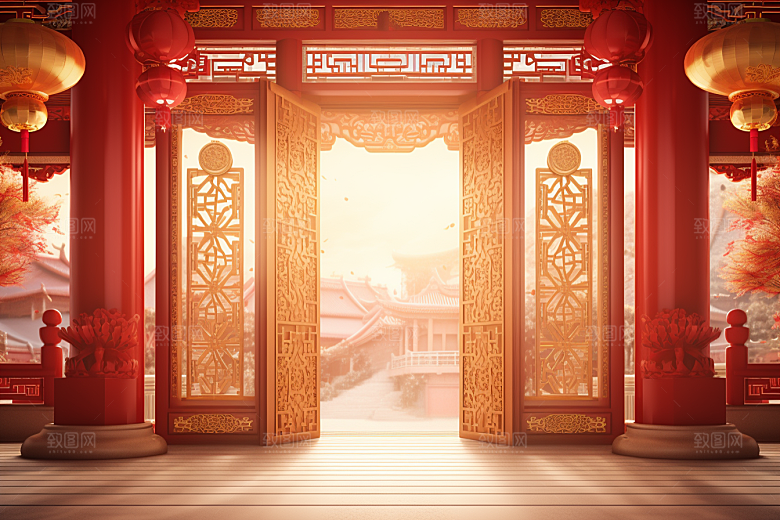 中式传统门楼开业大吉开门红背景图