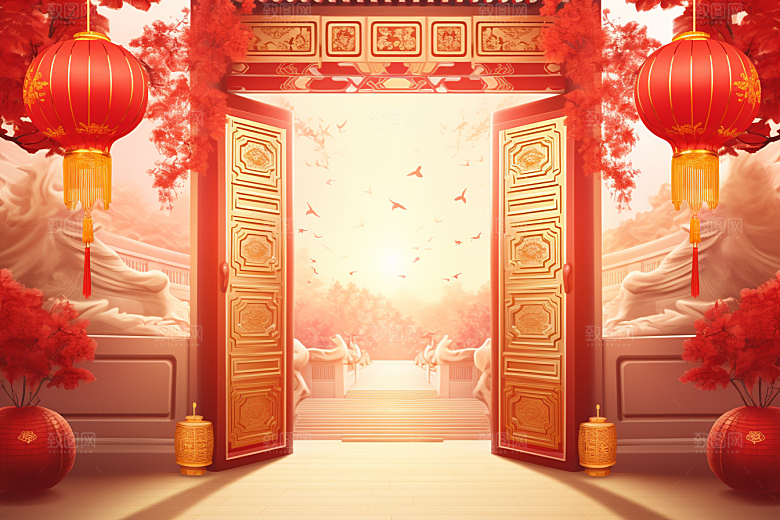 中式传统门楼开门红直播背景图