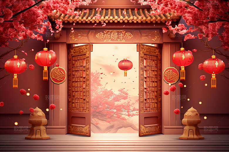 中式传统门楼直播开门红背景图