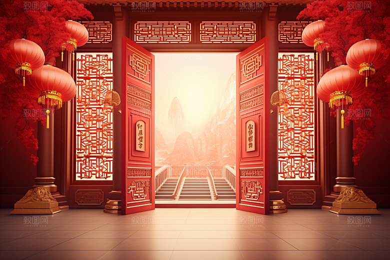 中式传统门楼开门红中国风背景图
