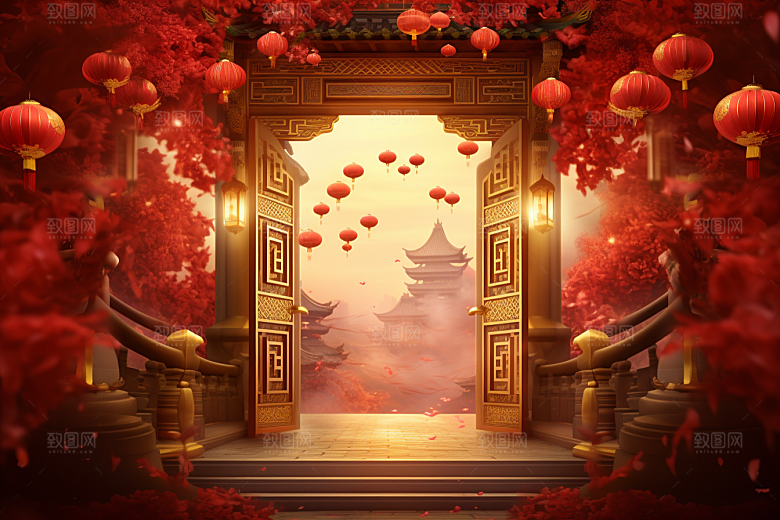 中式传统门楼火热开业背景图