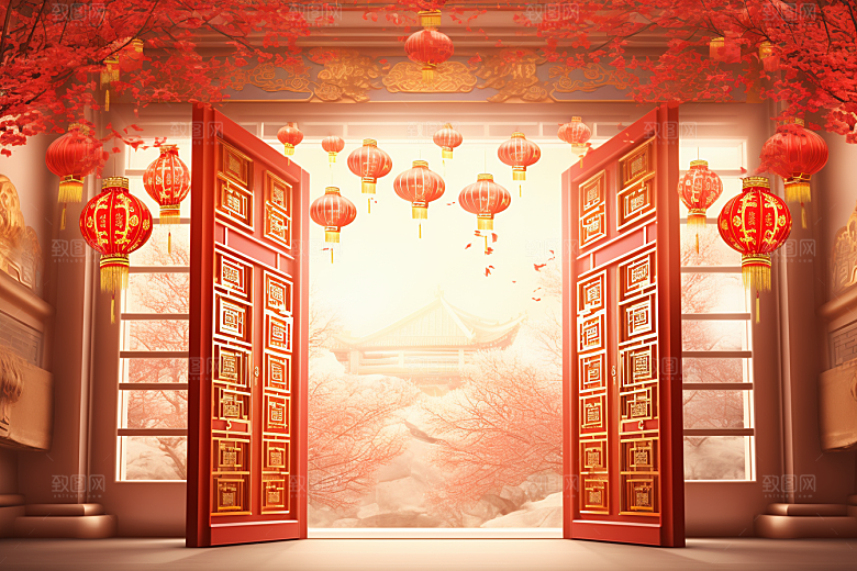 中式传统门楼国潮喜庆背景图