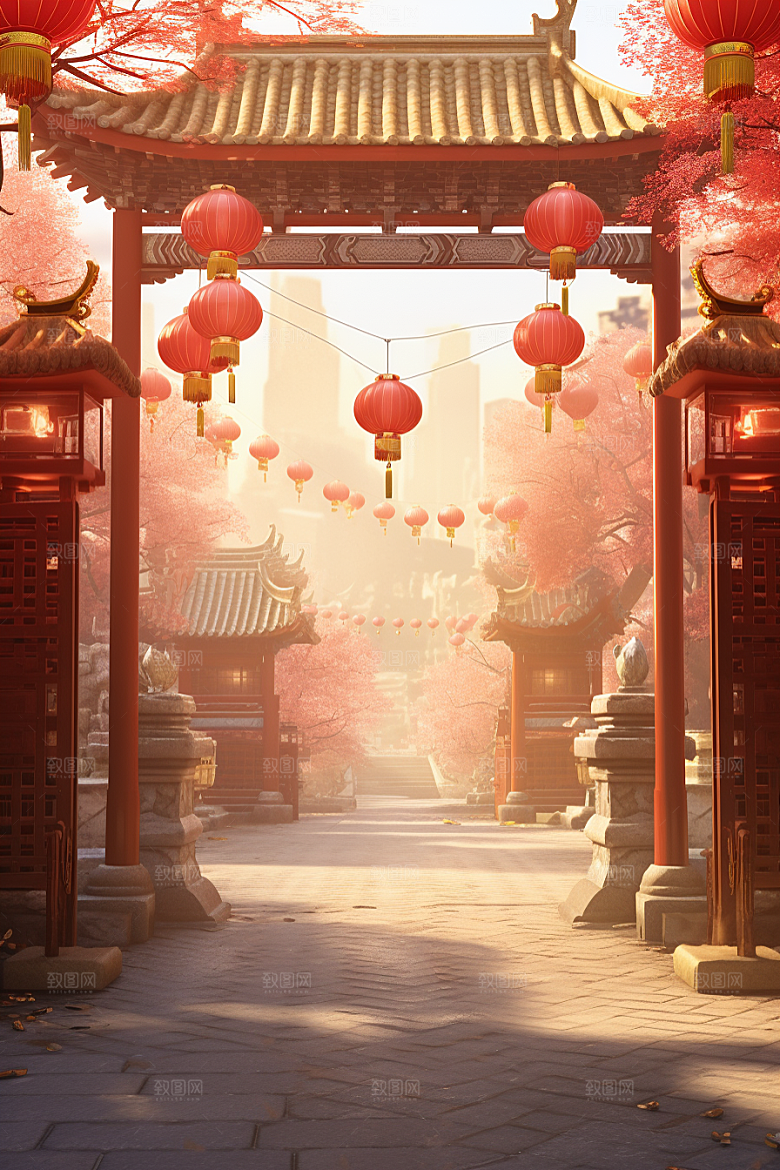 中式传统门楼开门红火热背景图