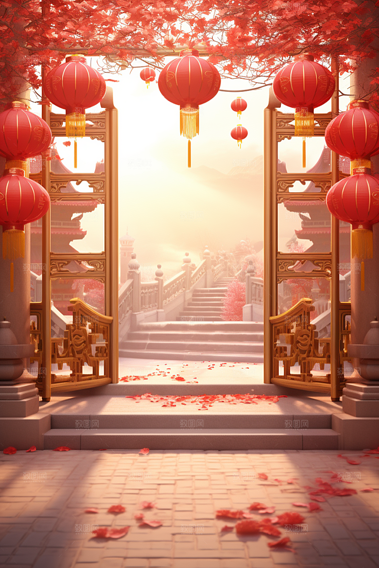 中式传统门楼国潮开门红背景图