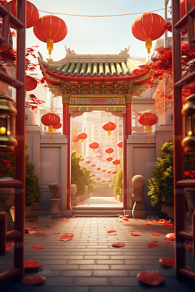 中式传统门楼开业大吉国潮背景图