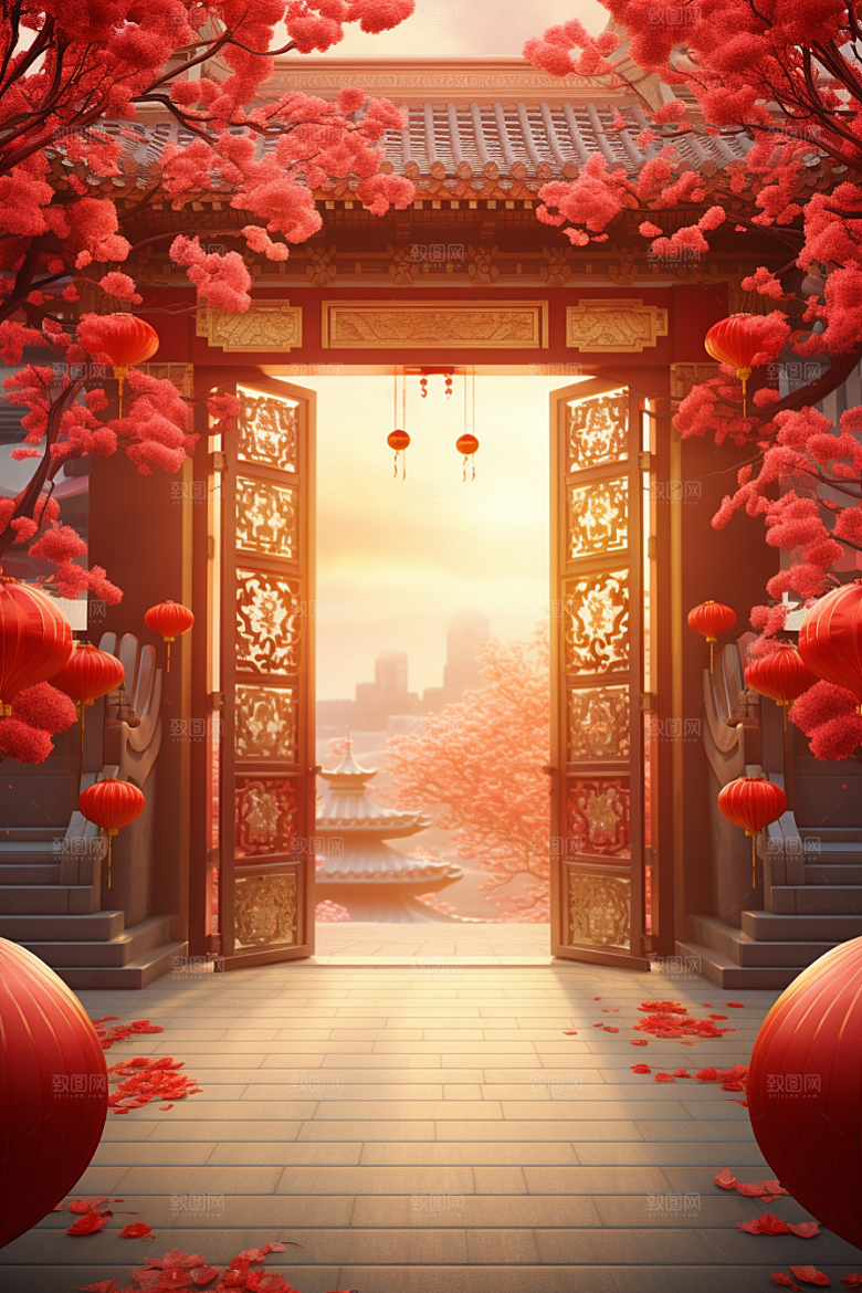中式传统门楼中国风促销背景图
