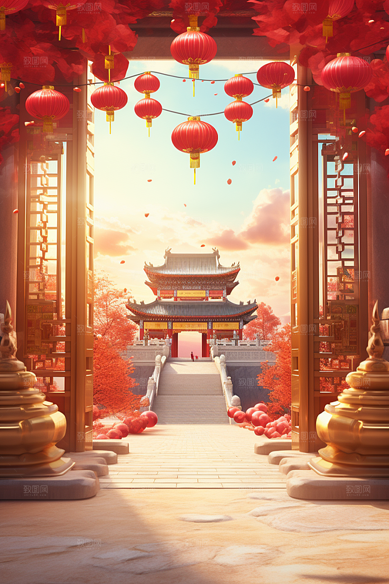 中式传统门楼国潮喜庆背景图