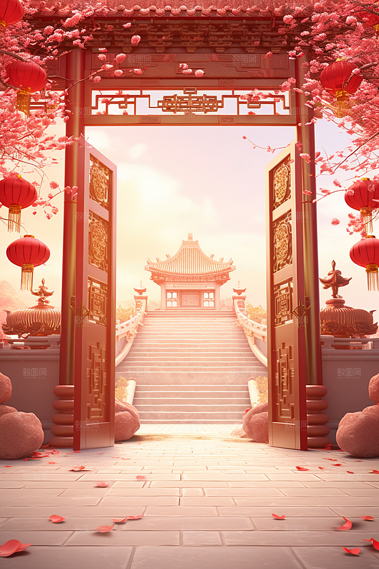 中式传统门楼火热开门红背景图