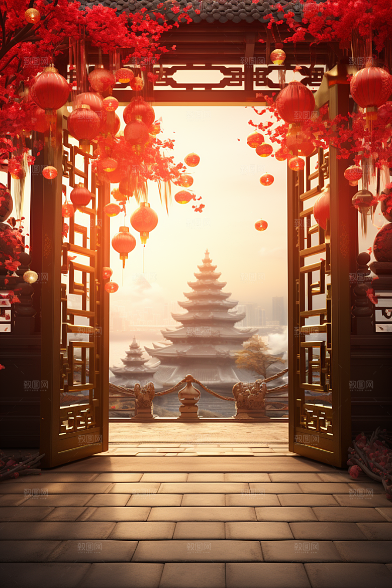 中式传统门楼热卖开门红背景图