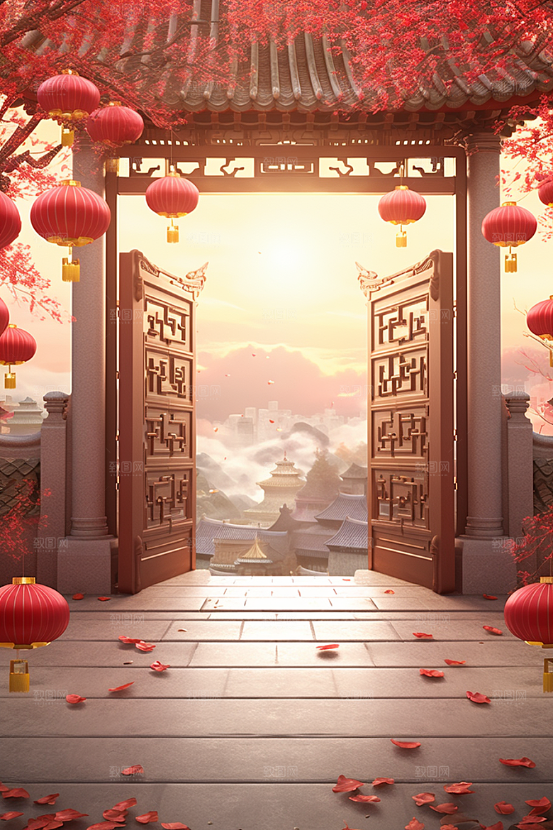 中式传统门楼中国风喜庆背景图