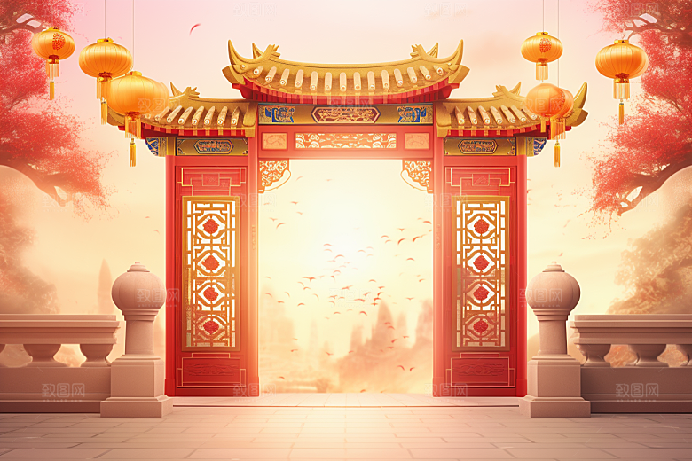 中式传统门楼直播开业背景图