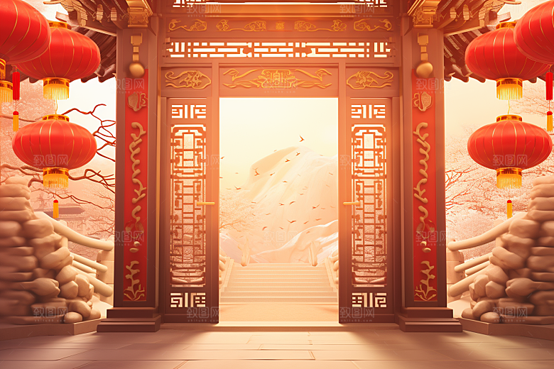 中式传统门楼国潮开门红背景图