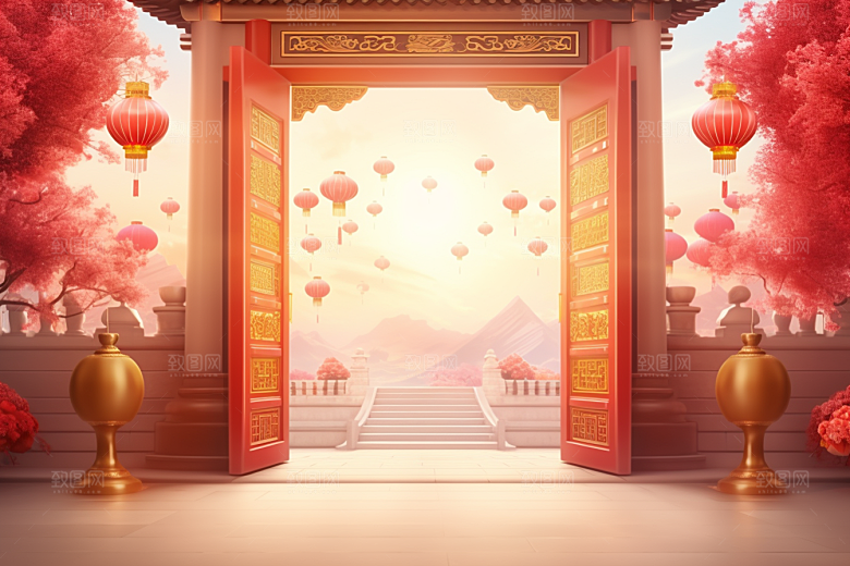 中式传统门楼促销开门红背景图