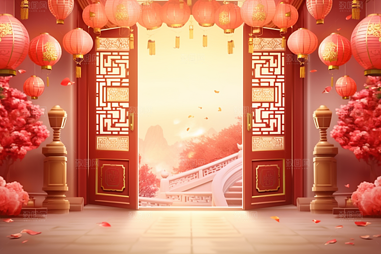 中式传统门楼开门红开业大吉背景图