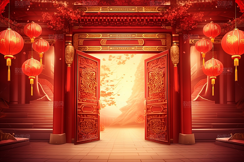 中式传统门楼开业国潮背景图