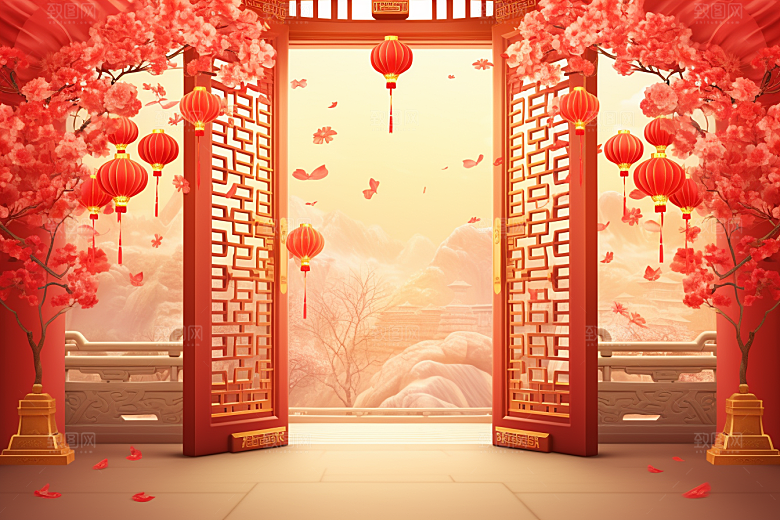 中式传统门楼促销火热背景图