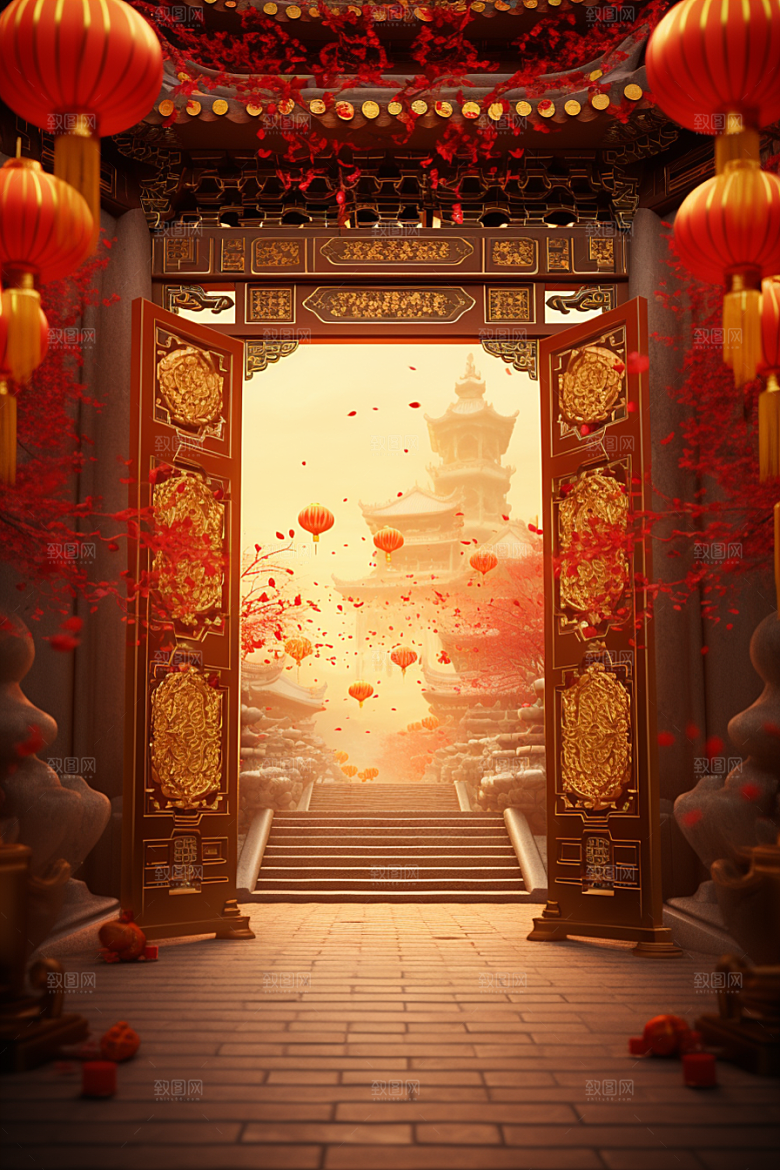 中式传统门楼火热开门红背景图