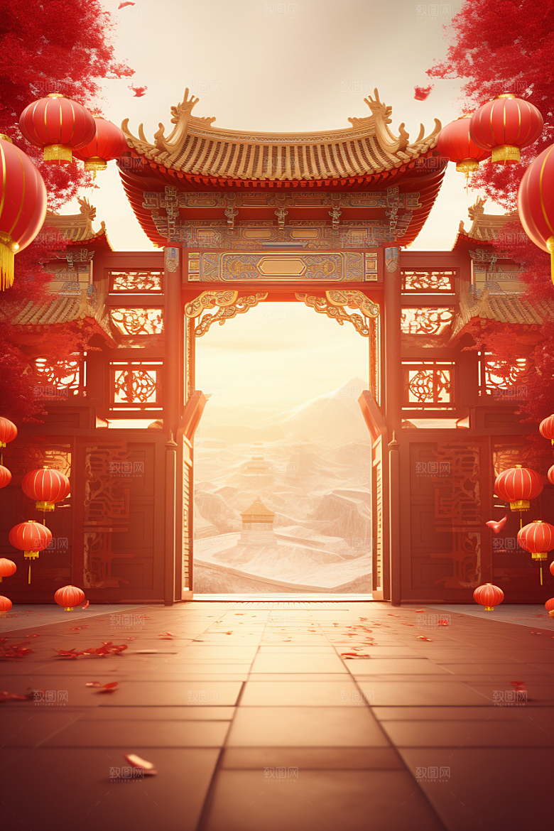 中式传统门楼开业大吉热卖背景图