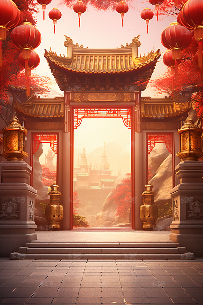 中式传统门楼促销开业大吉背景图