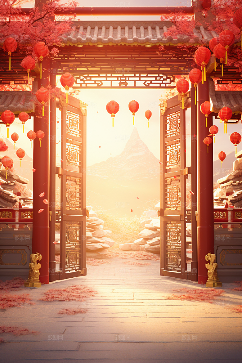 中式传统门楼促销开业大吉背景图