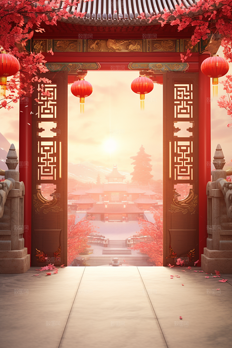 中式传统门楼国潮促销背景图