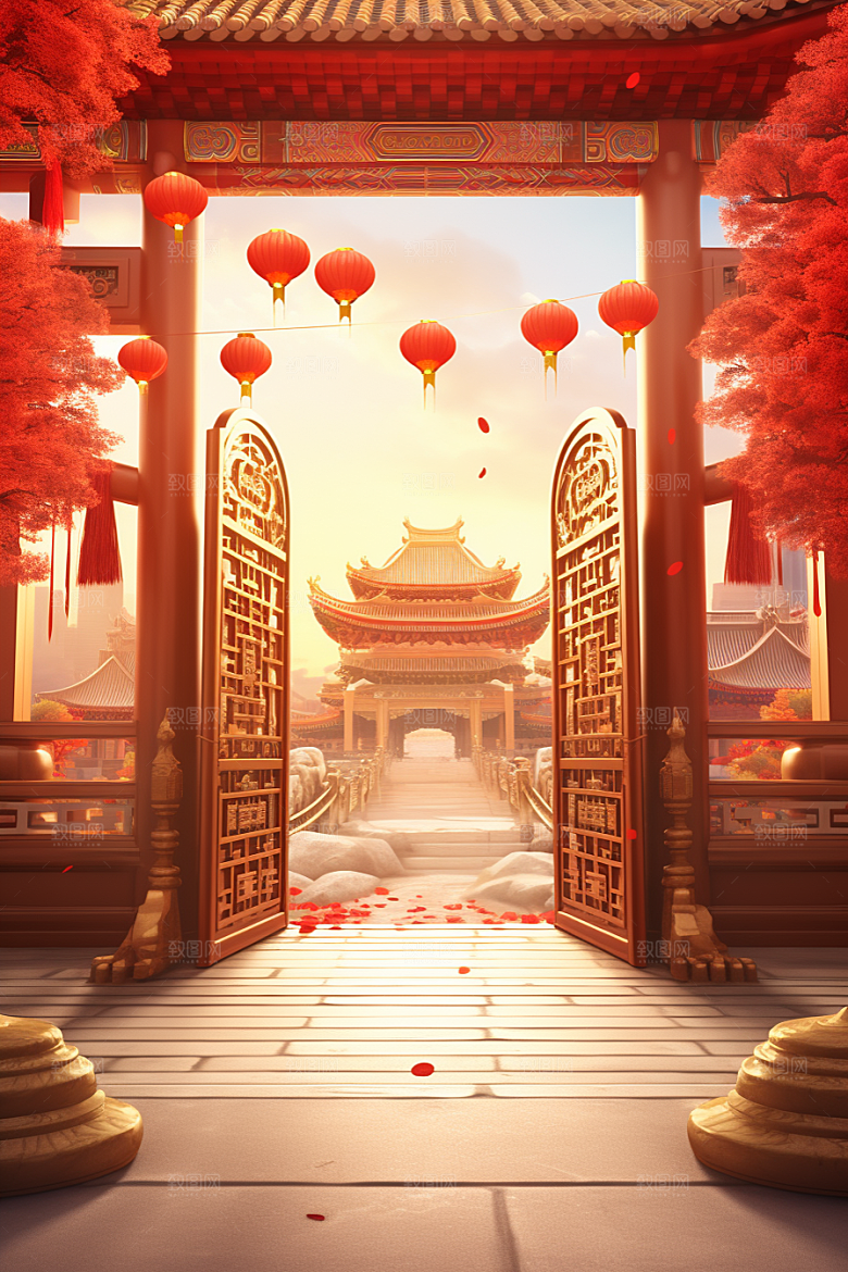 中式传统门楼中国风开门红背景图