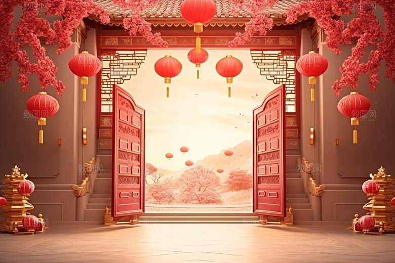 中式传统门楼开业国潮背景图